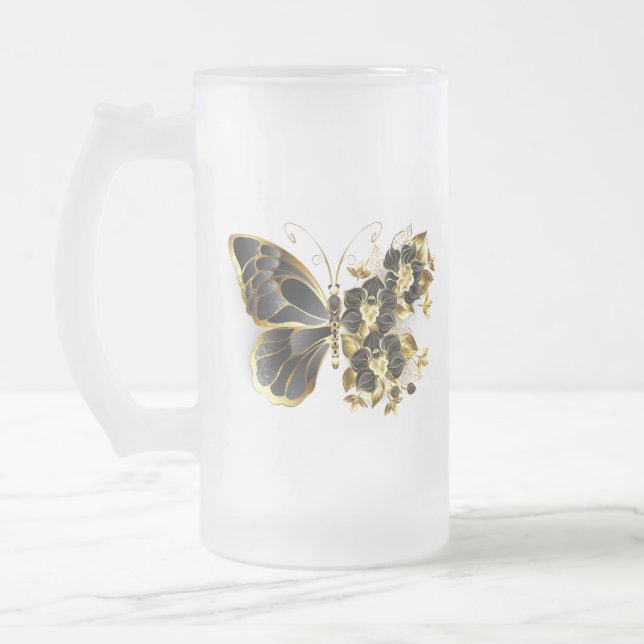 Guld Flower Butterfly med Black Orchid Frostat Ölglas (Vänster)