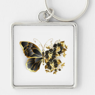 Guld Flower Butterfly med Black Orchid Fyrkantig Silverfärgad Nyckelring