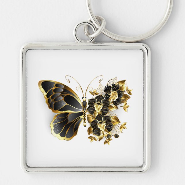 Guld Flower Butterfly med Black Orchid Fyrkantig Silverfärgad Nyckelring (Framsidan)