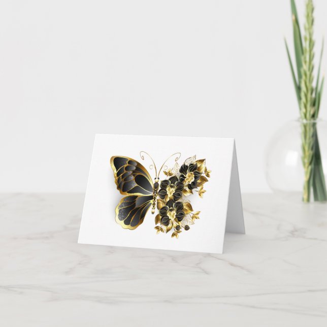 Guld Flower Butterfly med Black Orchid Helgkort (Framsida)