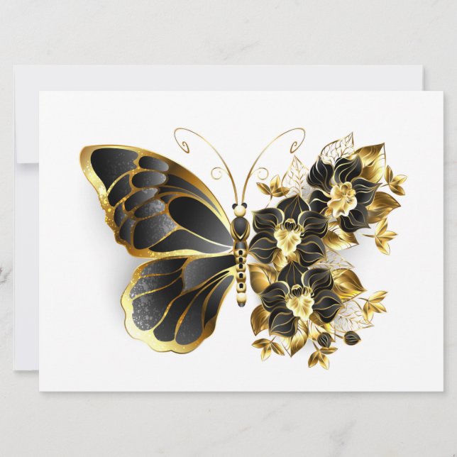 Guld Flower Butterfly med Black Orchid Inbjudningar (Framsida)