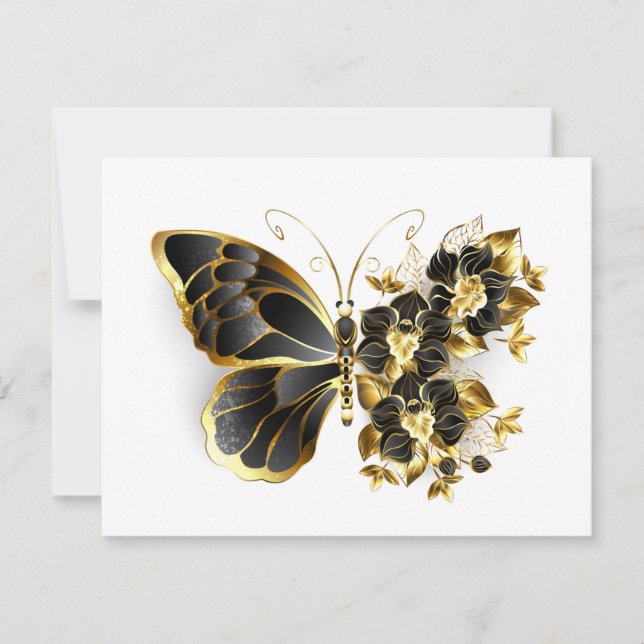 Guld Flower Butterfly med Black Orchid Inbjudningar (Framsida)