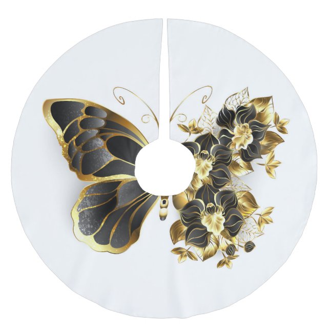Guld Flower Butterfly med Black Orchid Julgransmatta Borstad Polyester (Framsidan)