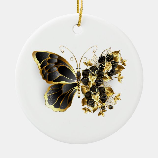 Guld Flower Butterfly med Black Orchid Julgransprydnad Keramik (Framsidan)