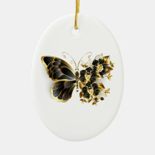 Guld Flower Butterfly med Black Orchid Julgransprydnad Keramik