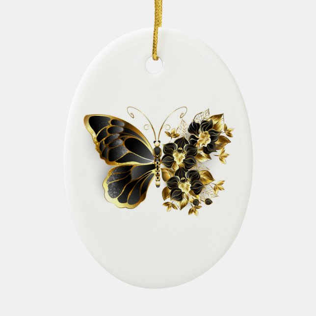 Guld Flower Butterfly med Black Orchid Julgransprydnad Keramik (Framsidan)