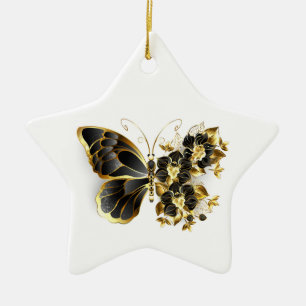 Guld Flower Butterfly med Black Orchid Julgransprydnad Keramik