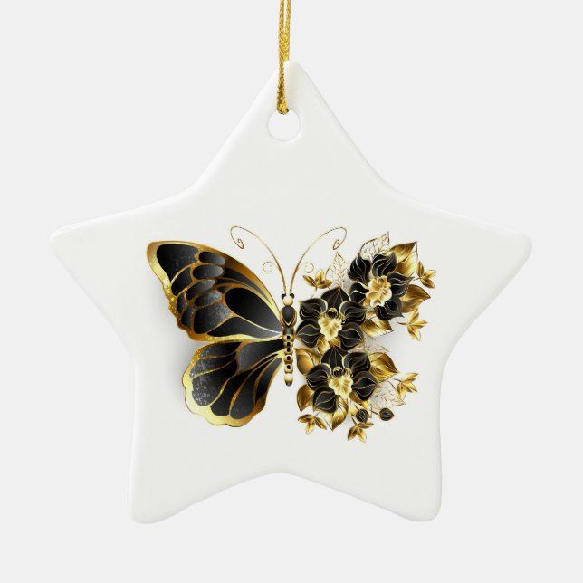 Guld Flower Butterfly med Black Orchid Julgransprydnad Keramik (Framsidan)