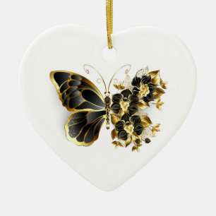 Guld Flower Butterfly med Black Orchid Julgransprydnad Keramik