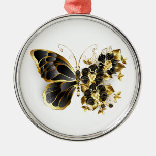 Guld Flower Butterfly med Black Orchid Julgransprydnad Metall