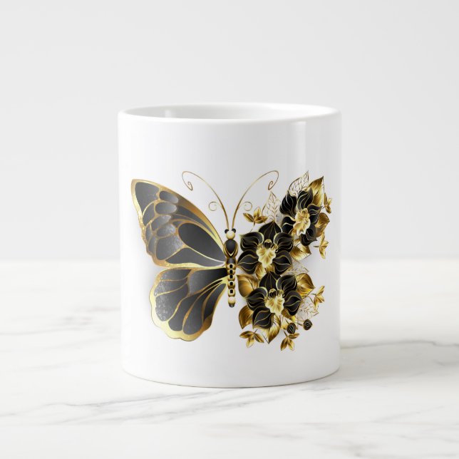 Guld Flower Butterfly med Black Orchid Jumbo Mugg (Framsidan)