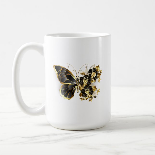 Guld Flower Butterfly med Black Orchid Kaffemugg (Vänster)