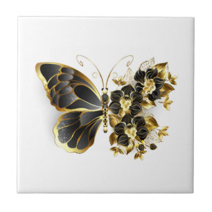Guld Flower Butterfly med Black Orchid Kakelplatta