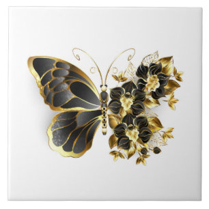 Guld Flower Butterfly med Black Orchid Kakelplatta