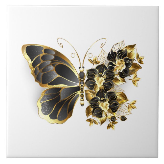 Guld Flower Butterfly med Black Orchid Kakelplatta (Framsidan)