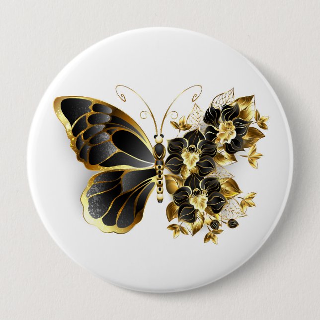 Guld Flower Butterfly med Black Orchid Knapp (Framsida)