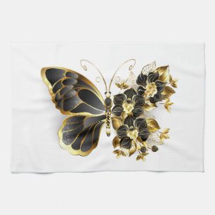 Guld Flower Butterfly med Black Orchid Kökshandduk