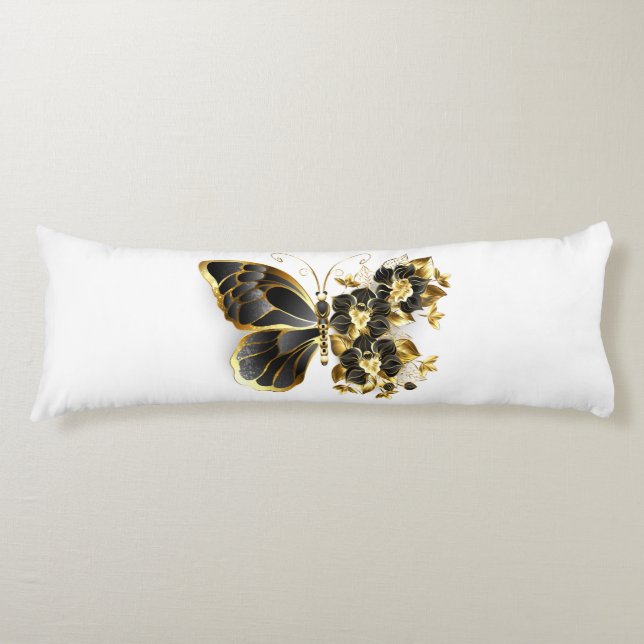 Guld Flower Butterfly med Black Orchid Kroppskudde (Framsidan)