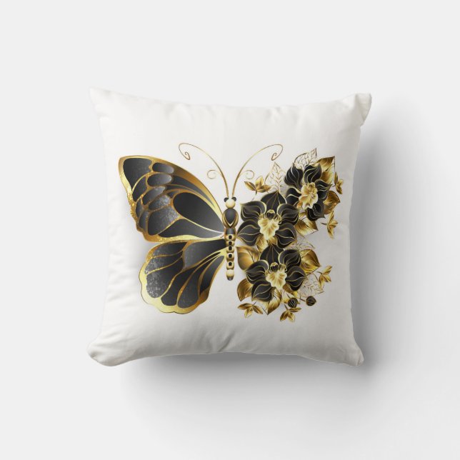 Guld Flower Butterfly med Black Orchid Kudde (Framsida)