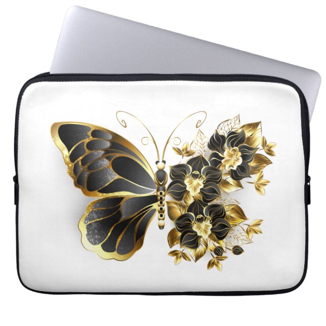 Guld Flower Butterfly med Black Orchid Laptop Fodral (Framsidan)