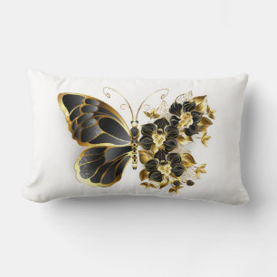 Guld Flower Butterfly med Black Orchid Lumbarkudde
