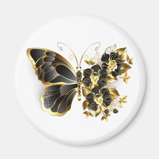Guld Flower Butterfly med Black Orchid Magnet (Framsidan)