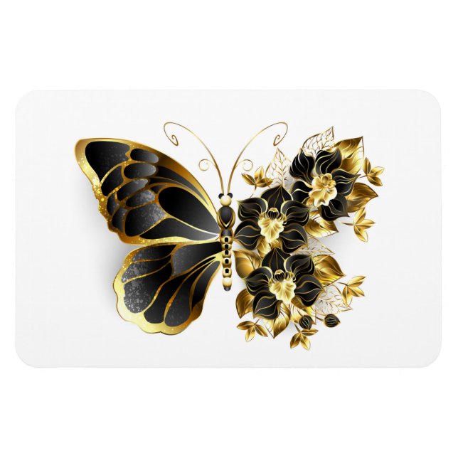 Guld Flower Butterfly med Black Orchid Magnet (Horisontell)