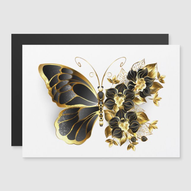 Guld Flower Butterfly med Black Orchid Magnetisk Inbjudningskort (Fram/baksida)