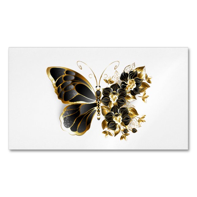 Guld Flower Butterfly med Black Orchid Magnetiska Visitkort (Framsida)