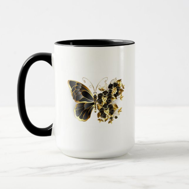 Guld Flower Butterfly med Black Orchid Mugg (Vänster)