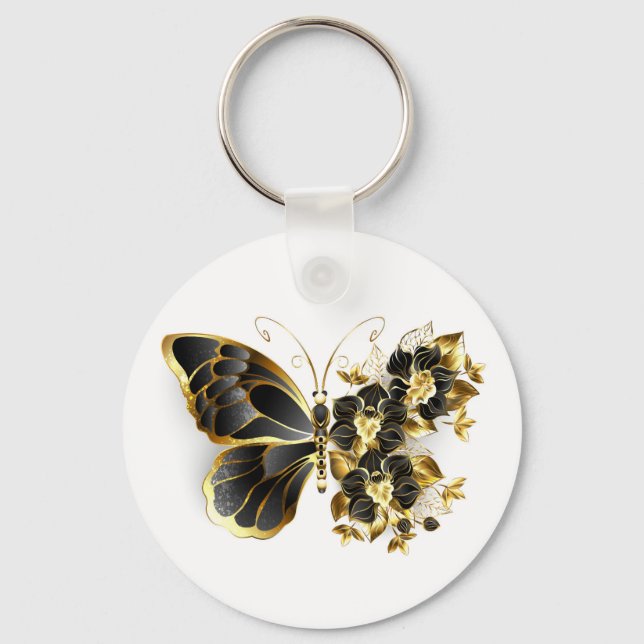 Guld Flower Butterfly med Black Orchid Nyckelring (Framsida)