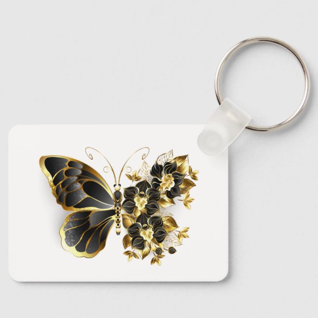 Guld Flower Butterfly med Black Orchid Nyckelring (Framsida)
