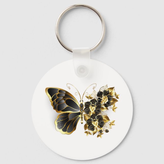 Guld Flower Butterfly med Black Orchid Nyckelring (Framsida)