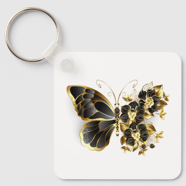 Guld Flower Butterfly med Black Orchid Nyckelring (Framsida)