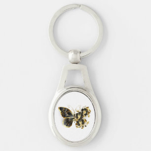Guld Flower Butterfly med Black Orchid Ovalt Silverfärgad Nyckelring