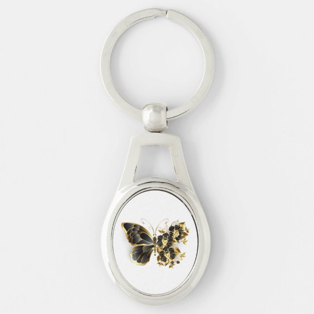 Guld Flower Butterfly med Black Orchid Ovalt Silverfärgad Nyckelring (Framsidan)