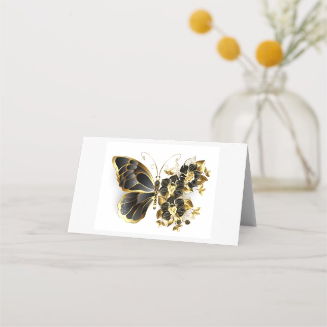 Guld Flower Butterfly med Black Orchid Placeringskort (Framsida)