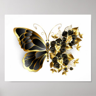 Guld Flower Butterfly med Black Orchid Poster