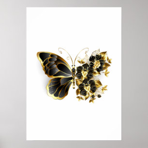 Guld Flower Butterfly med Black Orchid Poster