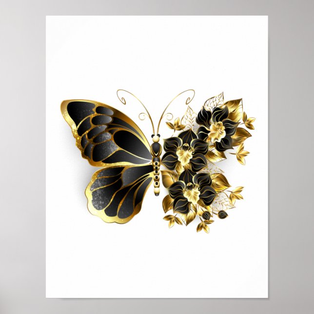 Guld Flower Butterfly med Black Orchid Poster (Framsidan)