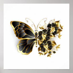 Guld Flower Butterfly med Black Orchid Poster
