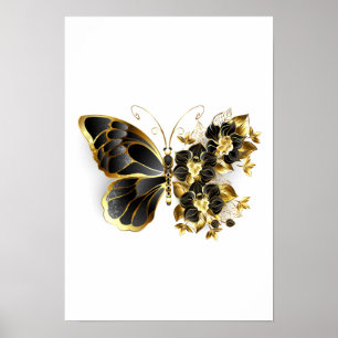 Guld Flower Butterfly med Black Orchid Poster