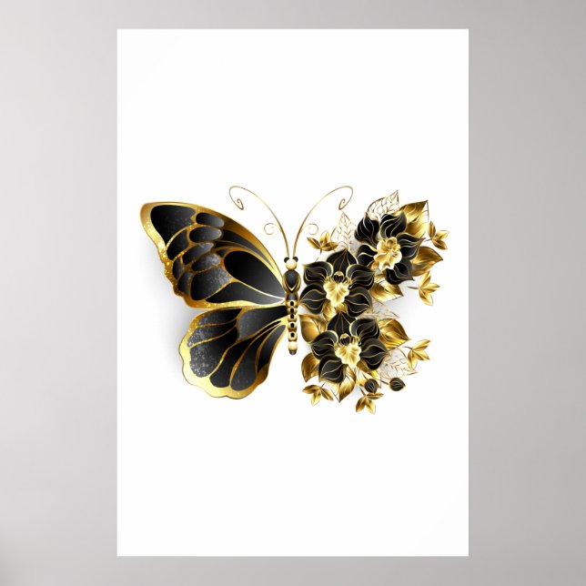 Guld Flower Butterfly med Black Orchid Poster (Framsidan)