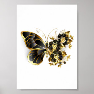 Guld Flower Butterfly med Black Orchid Poster