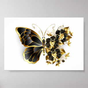 Guld Flower Butterfly med Black Orchid Poster