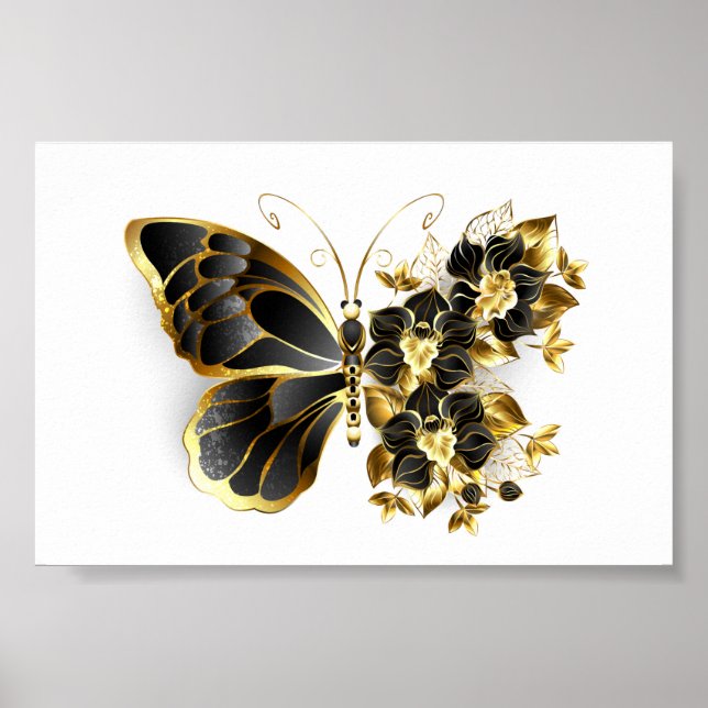 Guld Flower Butterfly med Black Orchid Poster (Framsidan)