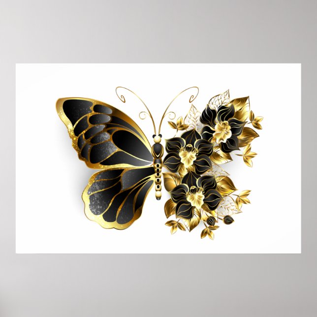 Guld Flower Butterfly med Black Orchid Poster (Framsidan)