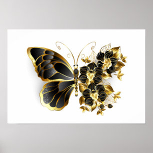 Guld Flower Butterfly med Black Orchid Poster