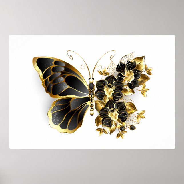 Guld Flower Butterfly med Black Orchid Poster (Framsidan)