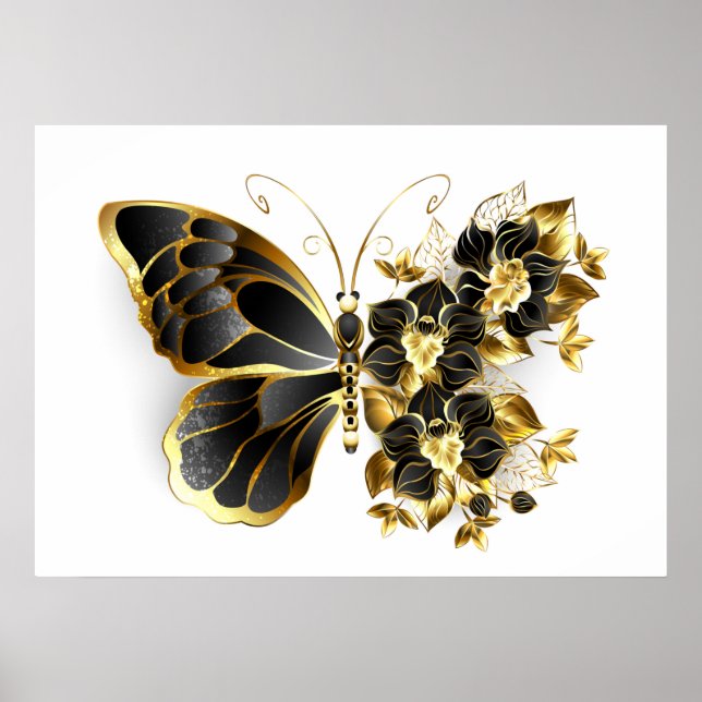 Guld Flower Butterfly med Black Orchid Poster (Framsidan)